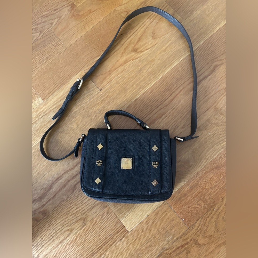 MCM Small Black Textured Leather Top-Handle Satchel with Gold Accents Crossbody